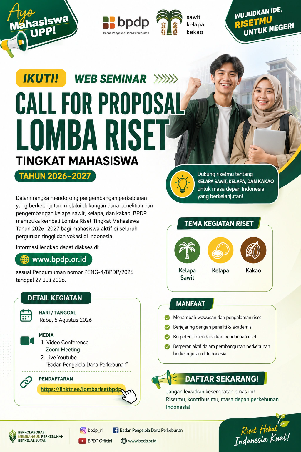 BPDP Buka Call for Proposal Lomba Riset Mahasiswa 2026-2027, Dorong Inovasi Sawit, Kakao, dan Kelapa Berkelanjutan